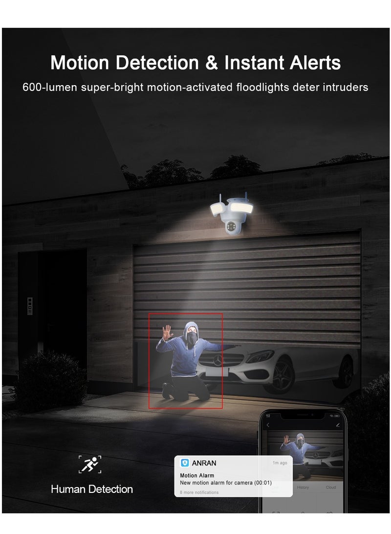 ANRAN 2K Solar Powered, 3MP, IP65 PTZ, HD Night Vision Wireless Security Camera with Ultra Bright LED Floodlights and 9600mAh Battery