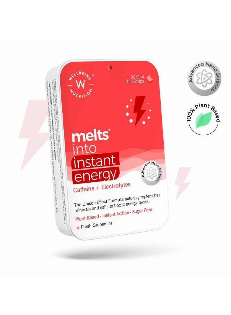 Melts Instant Energy, 100% Plant Based Green Tea Caffeine, Essential Electrolytes and Vitamins for Endurance, Sports Hydration, Pre Workout, 30 Oral Thin Strips