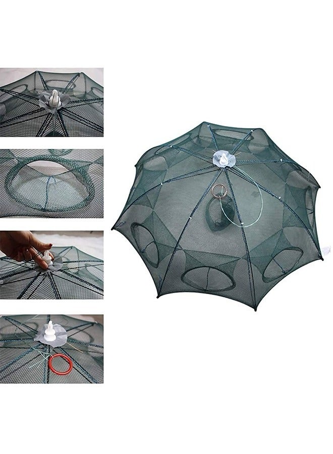 Fishing Net Trap Portable Folding Collapsible Crab Network Immersion Bait Shrimp Crayfish Cage Tiddler Trap Mesh Automatic 8 Holes--Green