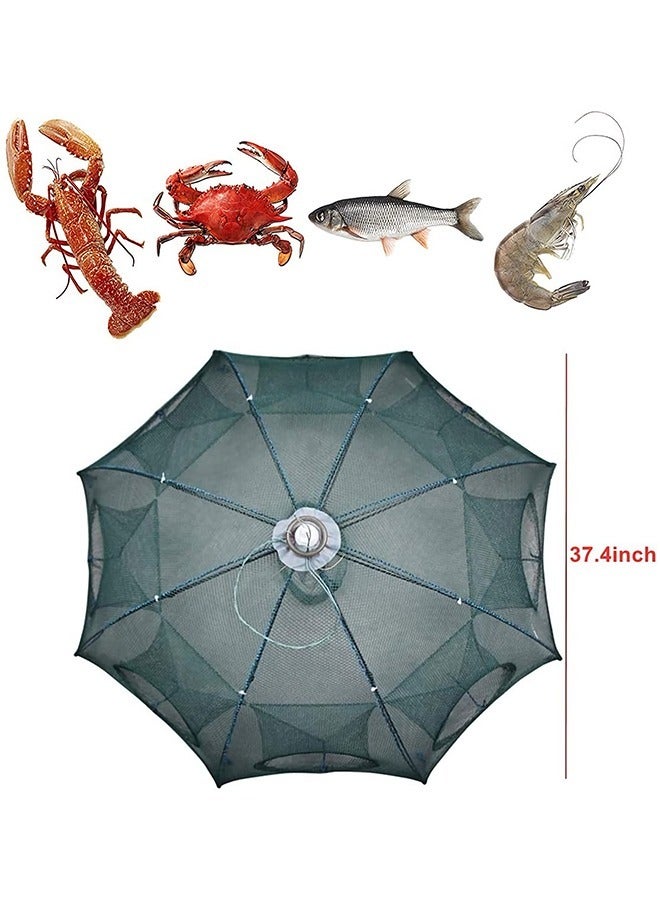 Fishing Net Trap Portable Folding Collapsible Crab Network Immersion Bait Shrimp Crayfish Cage Tiddler Trap Mesh Automatic 8 Holes--Green