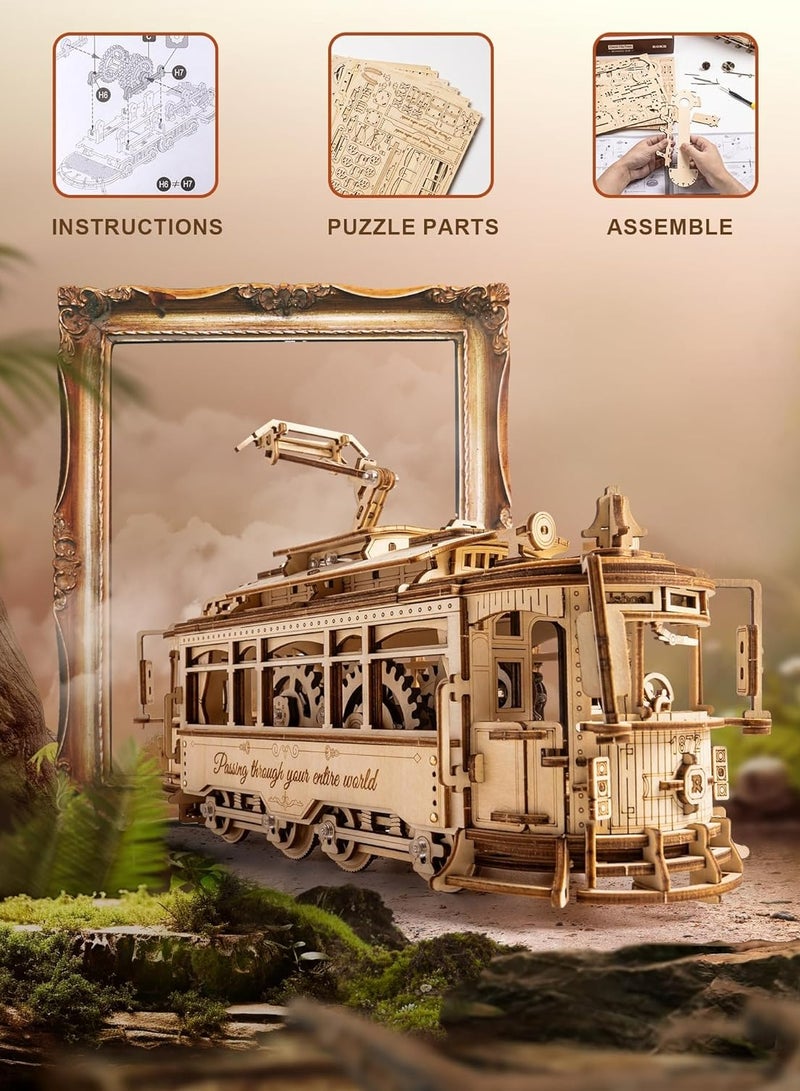 ROKR Classic City Tram 3D Wooden Puzzle LK801, Assembly Brain Teaser 3D Wooden Puzzle DIY Build Model Crafts Kits, Unique Gifts and Home Decor for Teens or Adults