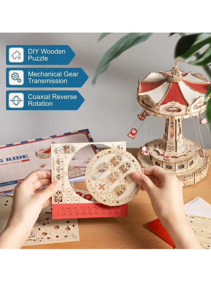 ROKR Swing Ride DIY Music Box 3D Wooden Puzzle EA02, Assembly Brain Teaser 3D Wooden Puzzle DIY Build Model Crafts Kits, Unique Gifts and Home Decor for Teens or Adults