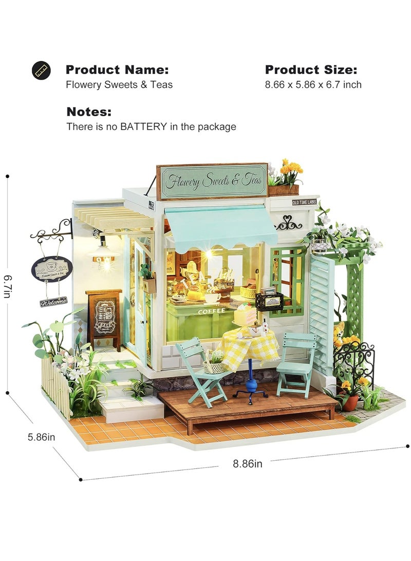 Rolife Flowery Sweets Teas DIY Miniature Dollhouse DG146 3D wooden Puzzle for Adults Tiny House Making Kit with Furniture with LED Home Decor Gifts for Teens