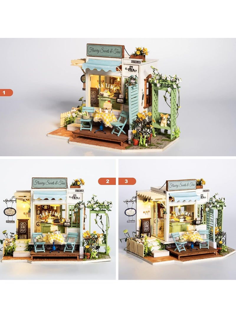 Rolife Flowery Sweets Teas DIY Miniature Dollhouse DG146 3D wooden Puzzle for Adults Tiny House Making Kit with Furniture with LED Home Decor Gifts for Teens