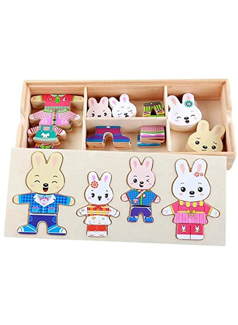 Wooden Jigsaw Toy, Rabbit Family Dress-Up Wooden Puzzles Toy, Sorting and Matching Jigsaw Games with Clothes Changing Pretend for Children Over 3 Years Old