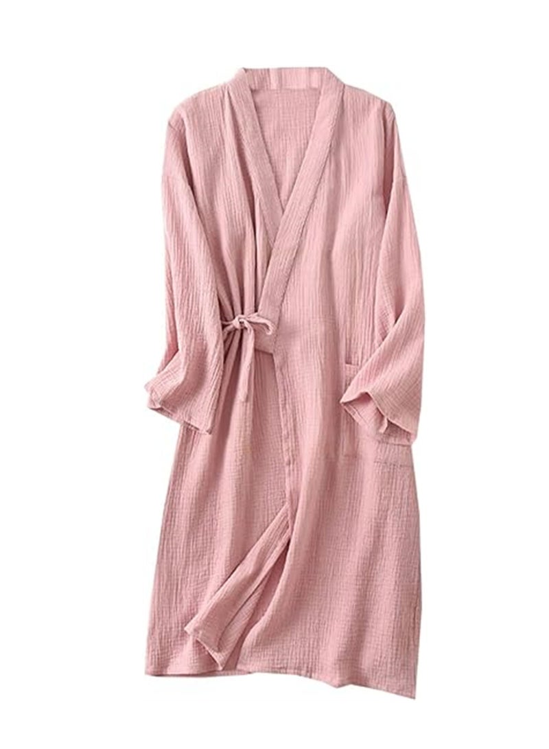 Womens Cotton Gauze Robe Soft Lightweight Kimono Maternity Bathrobe Loungewear Lounging Relaxed Bathrobe for Home Spa Pink