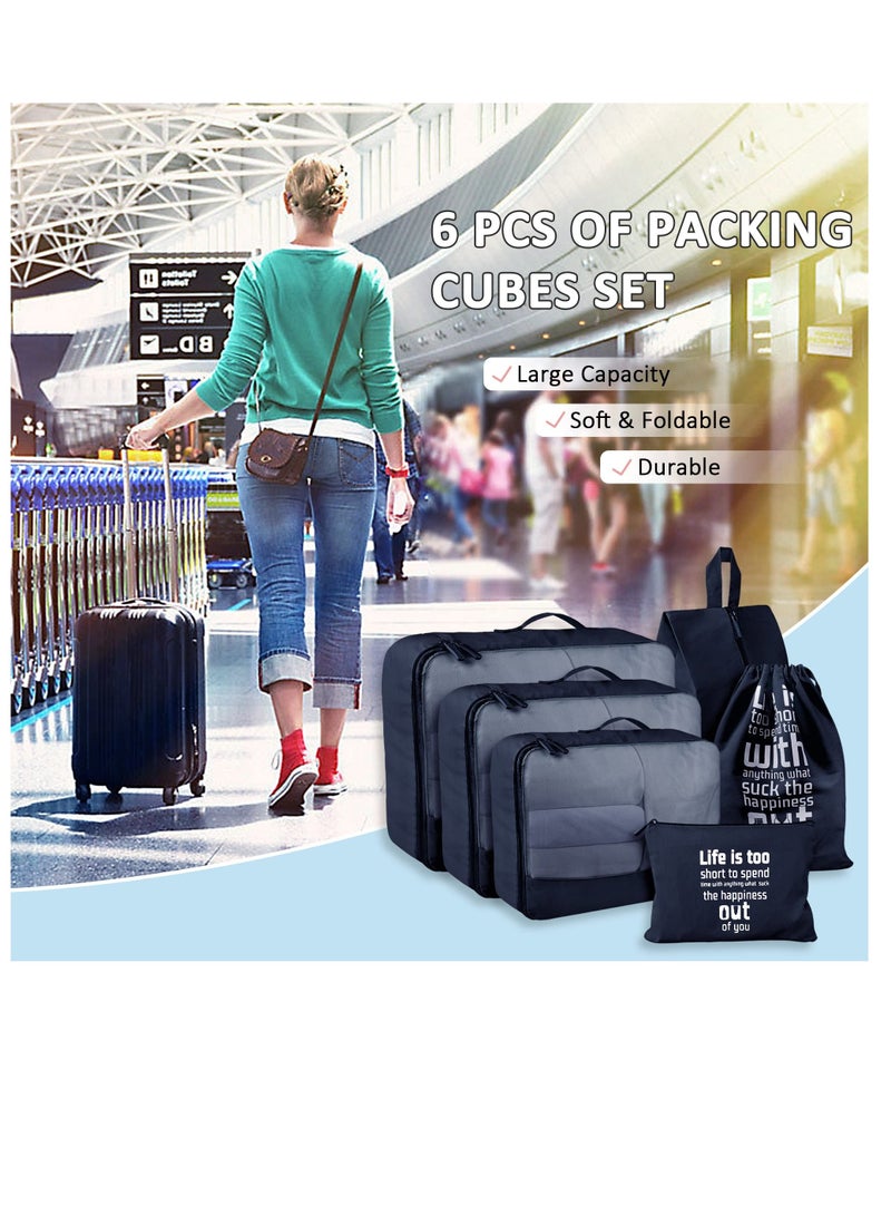 6 Pcs Packing Cubes Set in 3 Sizes, Travel Organizers for Suitcases, Large Capacity Luggage includes Storage Bags, Convenient Organizer Bags Lovers (Black)