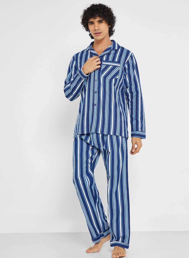 Men's Traditional Stripe Brushed Cotton Pyjama Set In Navy ~ (24)