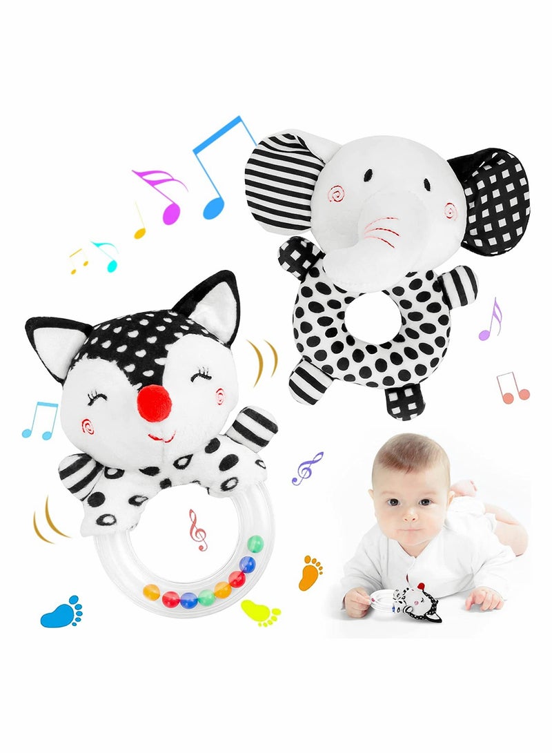 Baby Rattle Toys for 0-6 Months, 2Pcs Baby Handbell Grasping Toys, Newborn Soft Rattles Teething Ring, Sensory Plush Toy Set for 0 3 6 9 12 Month Infant Boys Girls Shower Gift (Elephant/Fox)