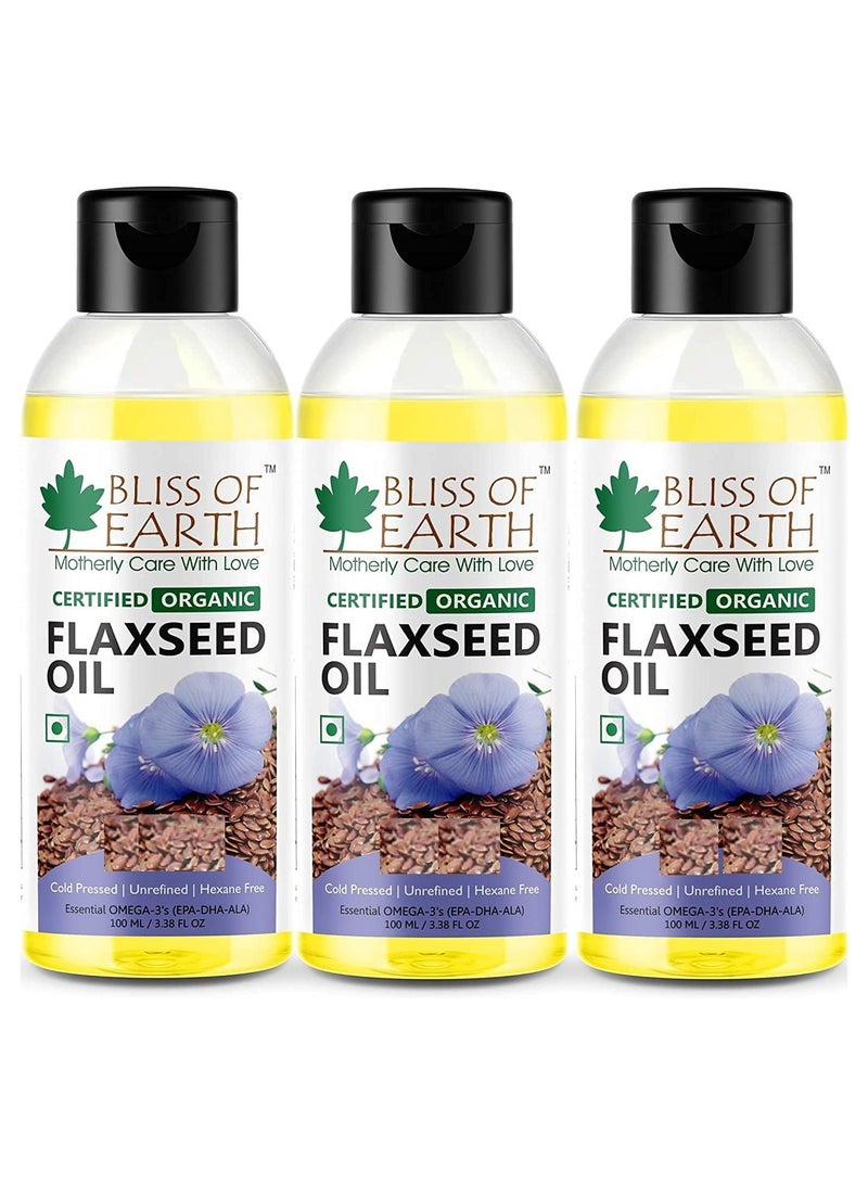 Bliss of Earth 100ML Flaxseed oil Pure natural organic plant based OMEGA rich cold pressed Hexane Free for Healthy Hair & Skin Pack of 3