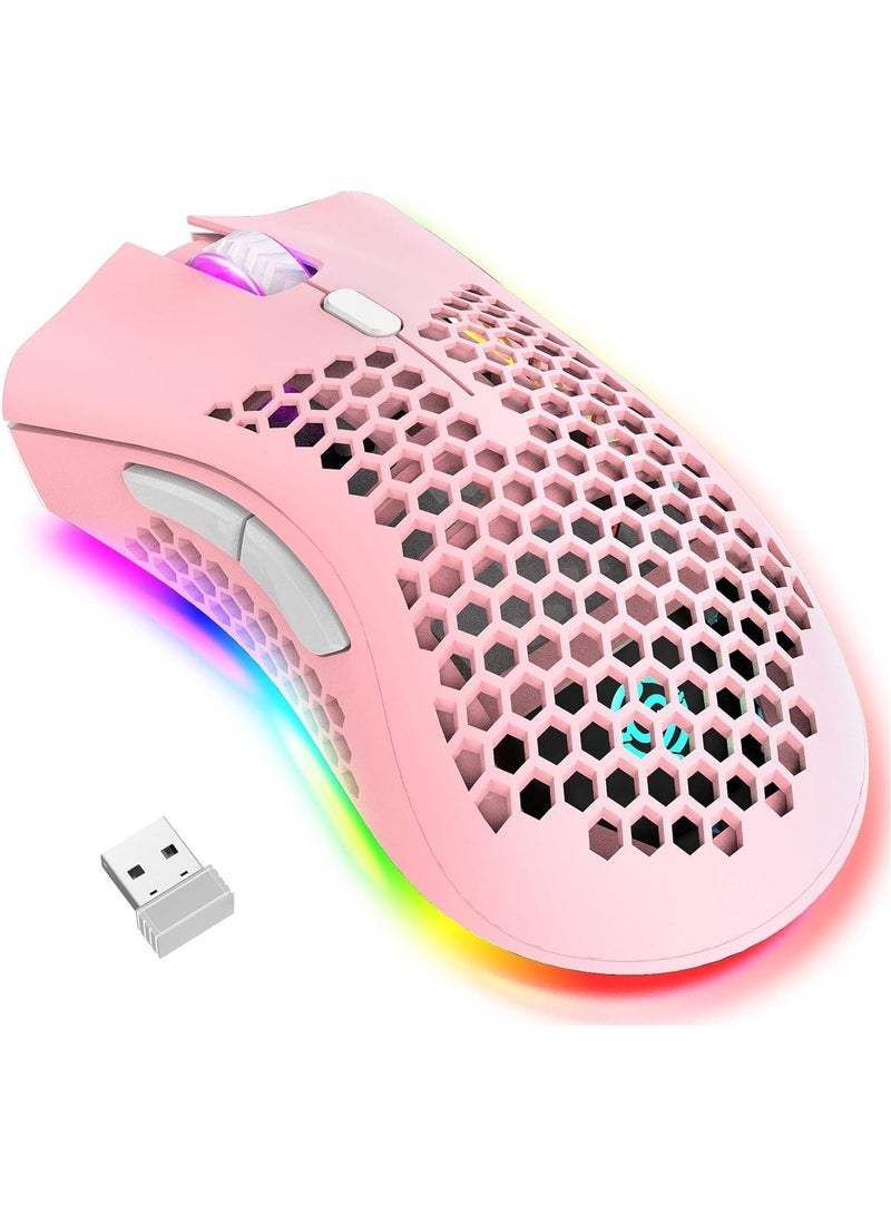 BM600 Wireless Lightweight Gaming Mouse, 2.4G Wireless Rechargeable Computer Mouse with Honeycomb Shell, USB Receiver, Adjustable DPI, Ergonomic RGB Gamer Mice for PC Mac Gamer