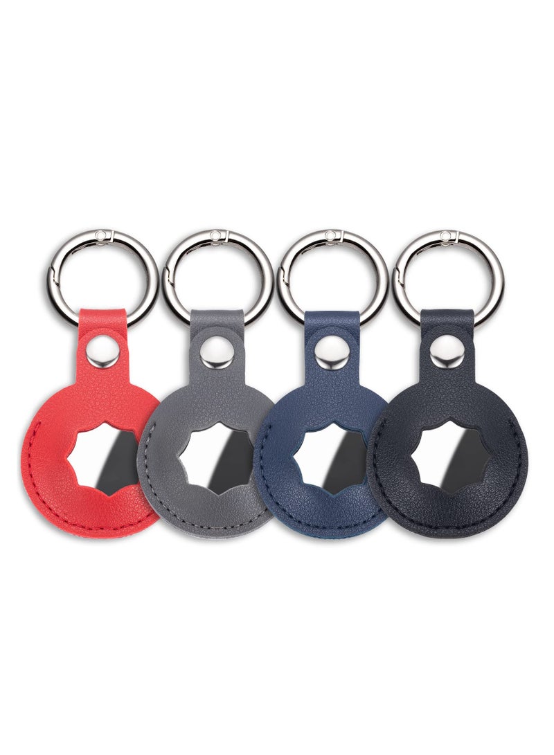 Fit for AirTag Holder, PU Leather for AirTags Protecting Cover, AirTag Keychain with Anti-Lost Keyring, Compatible Protective Case for Apple Air Tag Tracker, 4 Pack (Red, Grey, Navy Blue, Black)