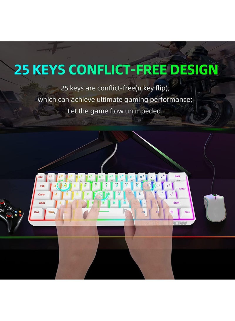 Wired Gaming Keyboard and Mouse Combo Include Mini 60% Merchanical Feel Keyboard Ergonomic Design White