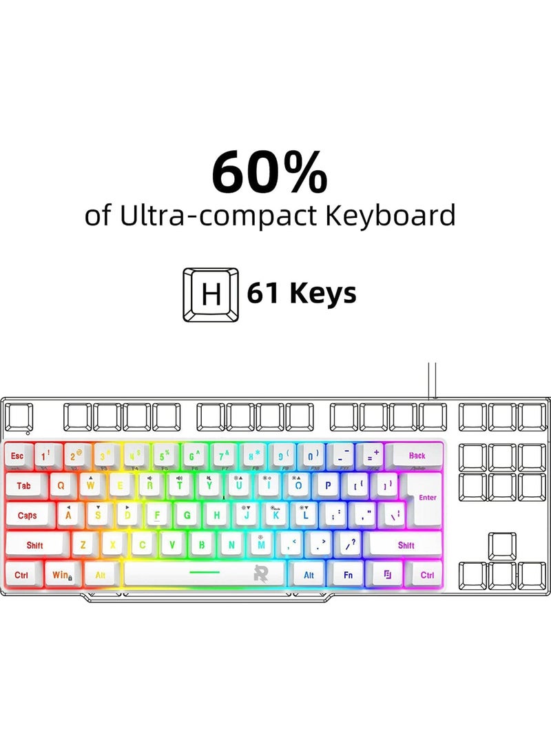 Wired Gaming Keyboard and Mouse Combo Include Mini 60% Merchanical Feel Keyboard Ergonomic Design White