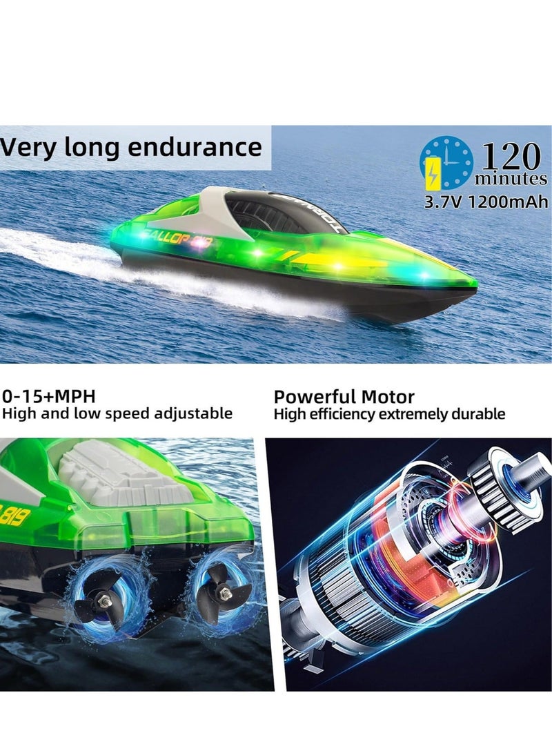 HJ819 RC Boat for Kids 8-16, 15+ MPH Fast Remote Control Boat with LED Lights, 2.4G RC Electric Boats Pool and Lakes Toys for Adults
