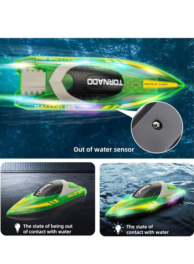 HJ819 RC Boat for Kids 8-16, 15+ MPH Fast Remote Control Boat with LED Lights, 2.4G RC Electric Boats Pool and Lakes Toys for Adults