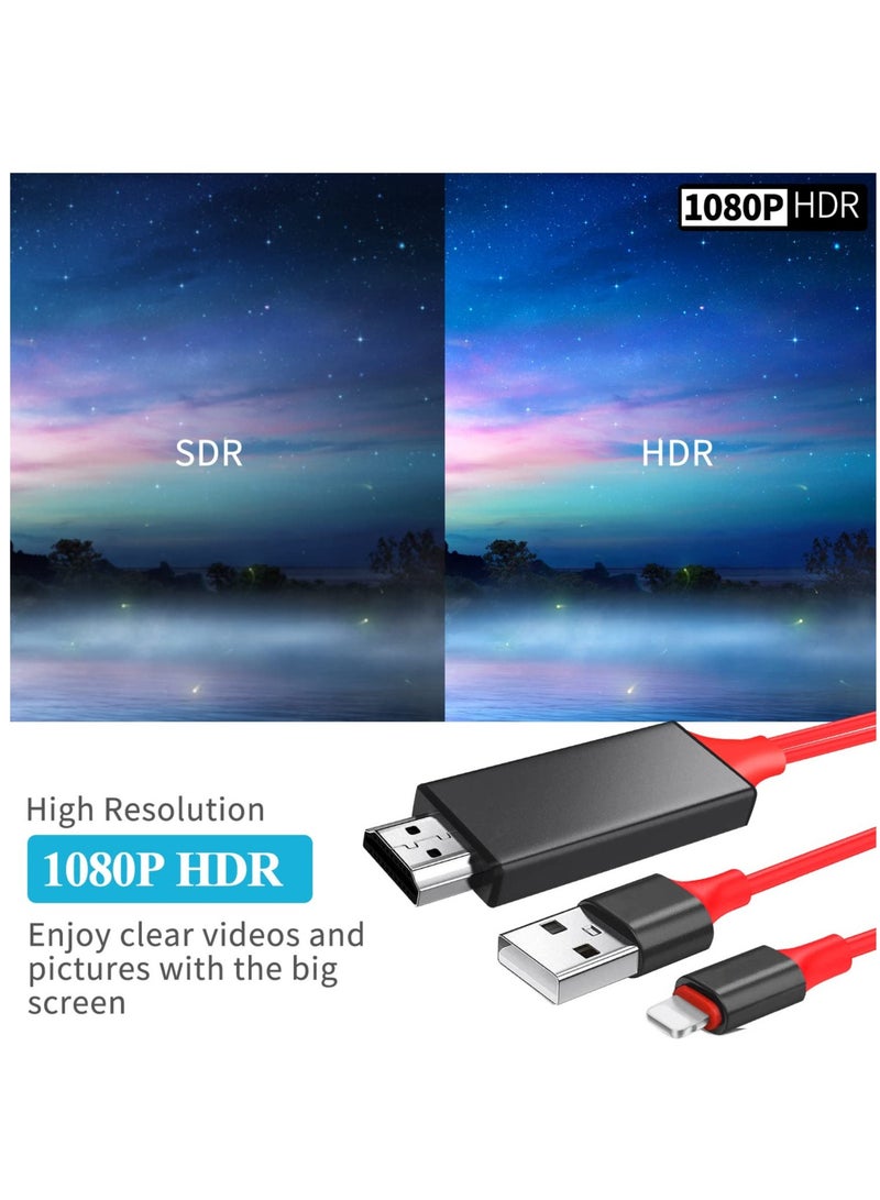 For Lightning To HDMI Cable For IPhone IPad IPod To TV Projector Monitor, Apple MFi Certified 1080P Digital AV Adapter Cord, 2m HDMI Adapter HDTV Cable With USB Charging Port, Sync Screen Converter