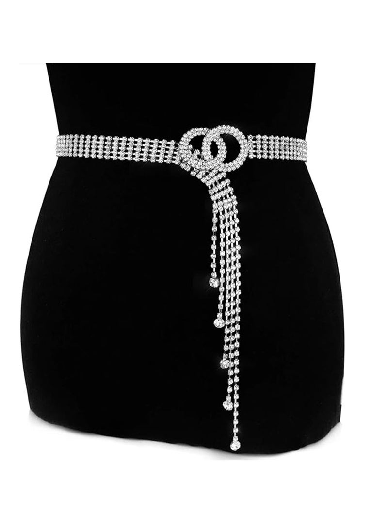 Crystal Waist Belt for Women, Rhinestone Chain Belt, O-Ring Waistband Belt, Made of Alloy and Rhinestones, Adjustable Metal Base, for Work or Evening out Dresses, Perfect Gift Choice