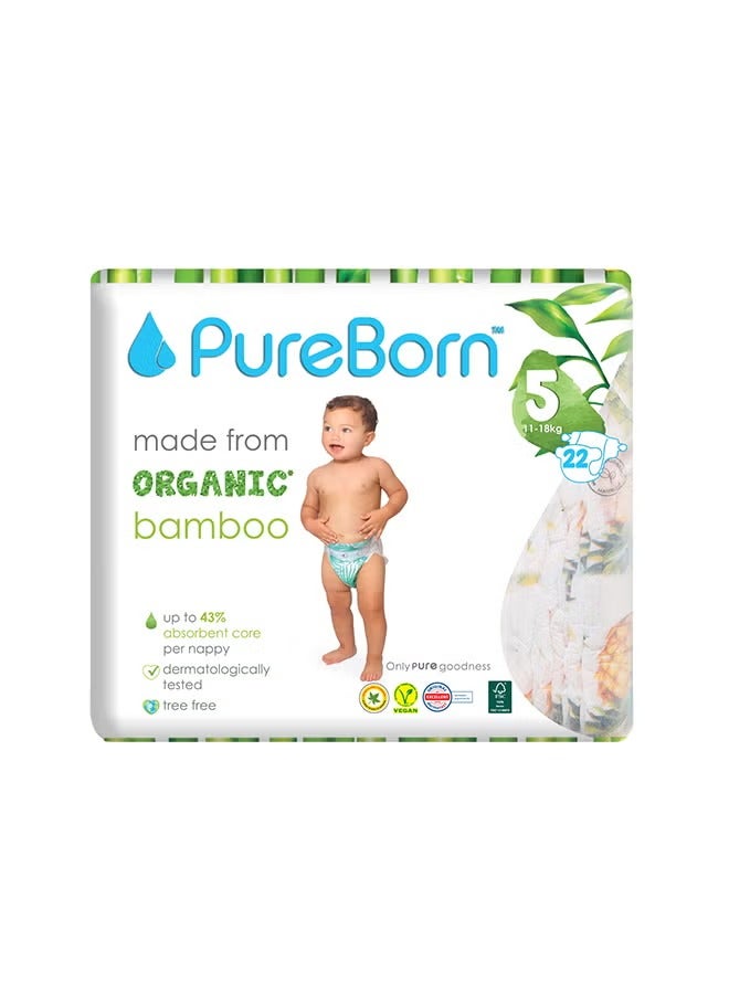 Pureborn Organic Bamboo Diaper Size 5 11-18kg White 22 Diapers