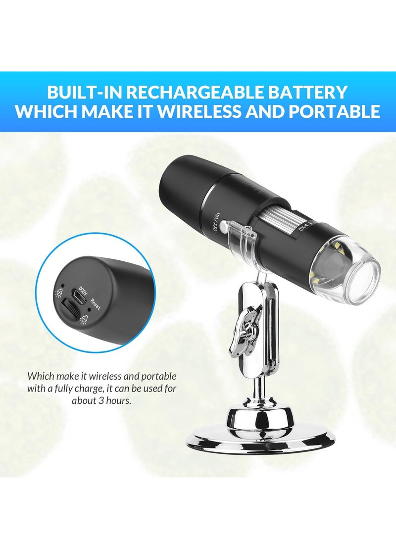 Wireless Handheld Digital Microscope, Portable 50x -1000x Magnification with 360 Rotate Stand Compatible iOS/Android iPhone, iPad for Kids Adults