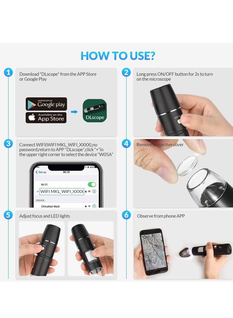 Wireless Handheld Digital Microscope, Portable 50x -1000x Magnification with 360 Rotate Stand Compatible iOS/Android iPhone, iPad for Kids Adults