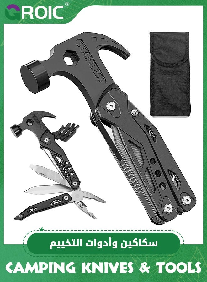 14 in 1 Multitool Hammer Folding Survival Tool, All in One Multi Mini Small Gadget - Camping Hiking Car Multifunctional Stainless Pliers Knife For Men Cool Gifts