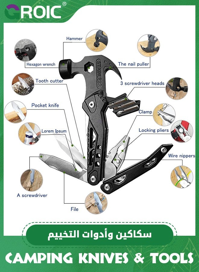 14 in 1 Multitool Hammer Folding Survival Tool, All in One Multi Mini Small Gadget - Camping Hiking Car Multifunctional Stainless Pliers Knife For Men Cool Gifts