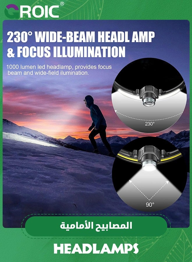 LED Headlamp Rechargeable, 1000 Lumen 270° Wide Beam LED Head lamp with Motion Sensor, Super Bright LED Running Headlamp for Runner, Waterproof Lightweight Headband Light for Camping Hard Hat