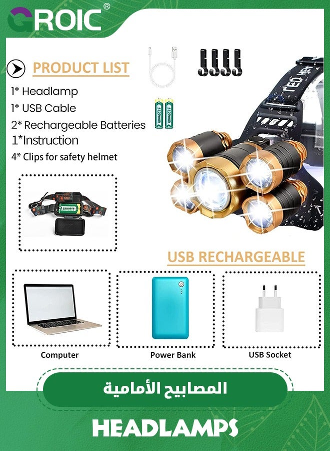 USB Rechargeable Headlamp 12000 Lumen Ultra Bright LED Work Headlight, 4 Modes Waterproof Head Lamp Best Headlamps for Adults, Camping, Outdoors & Hard Hat Work Zoomable Headlight