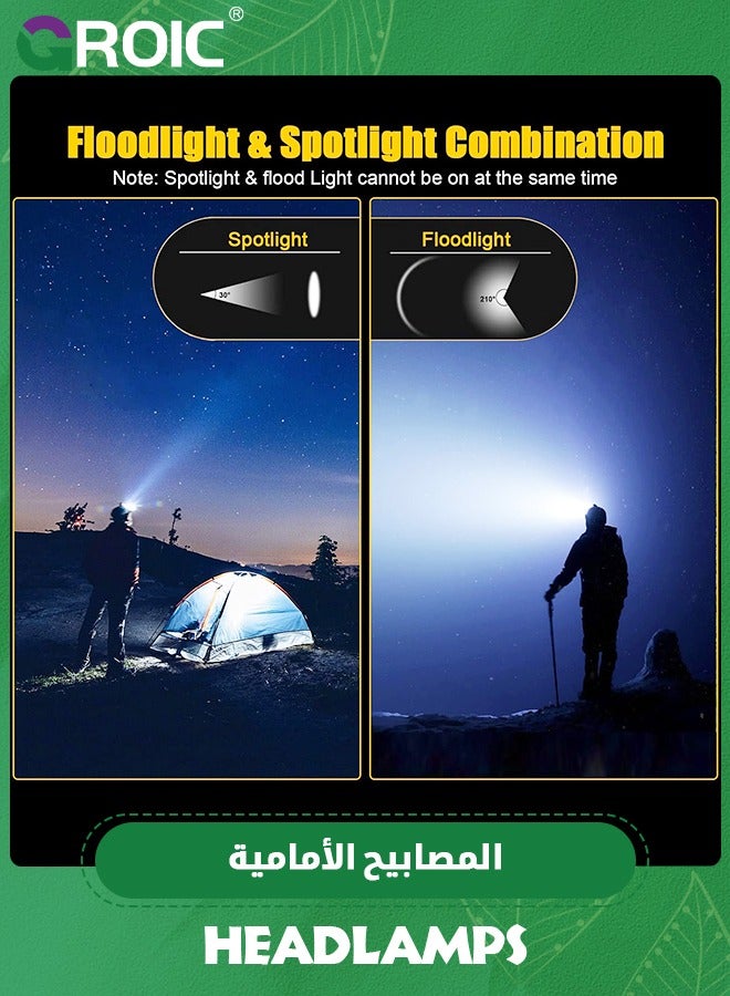 LED Rechargeable Headlamp Super Bright, IPX4 Water Resistant Lightweight Head Light with Motion Sensor for Adult, 6 Modes COB Head Flashlight with White+Red Lights for Camping/Fishing