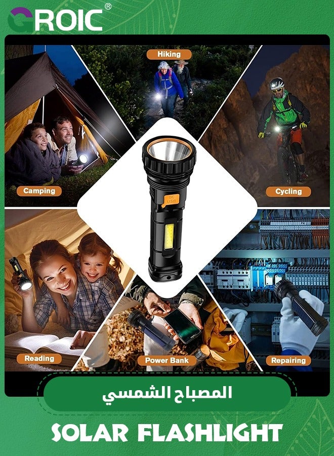 Solar/Rechargeable Multi Function 1000 Lumens LED Flashlight, with Emergency Strobe Light and 1200 Mah Battery, Emergency Power Supply and USB Charging Cable, Fast Charging