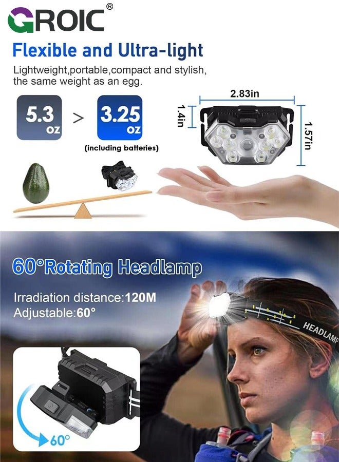 2 Pack 9 LED Headlamp 2000 Lumens, Super Bright Head Lamp with 6 Modes, Lightweight and Adjustable, IPX5 Waterproof Headlight for Camping, Outdoor, Running(Batteries Power)