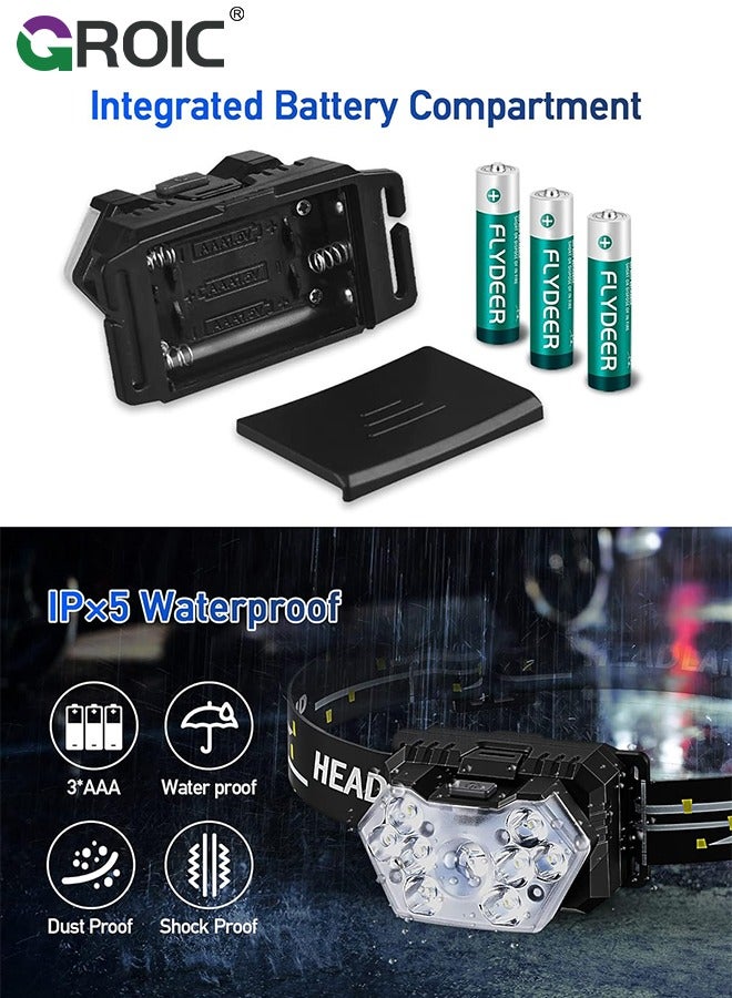 2 Pack 9 LED Headlamp 2000 Lumens, Super Bright Head Lamp with 6 Modes, Lightweight and Adjustable, IPX5 Waterproof Headlight for Camping, Outdoor, Running(Batteries Power)