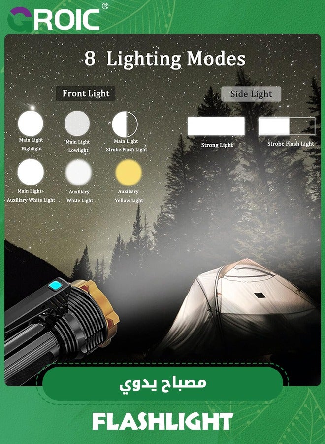 LED Flashlight USB Rechargeable, Super Brightest High Lumens Flashlights with Sidelight and Hooks, 8 Modes Lighting, 19X LED, High Powered, Waterproof Tactical Torch Camping Portable Handheld