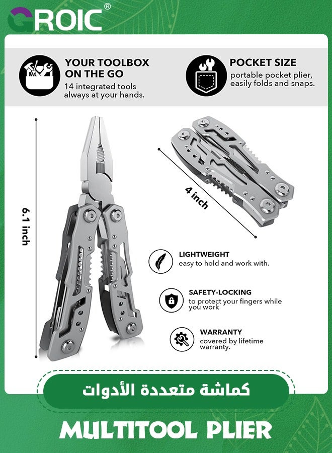 Multitool 15-in-1 Stainless Steel Multi Tool, Folding Pocket Plier with Nylon Sheath, Perfect for Outdoor, Survival, Camping, Hiking, Simple Repair, Useful Gift for Men and Women
