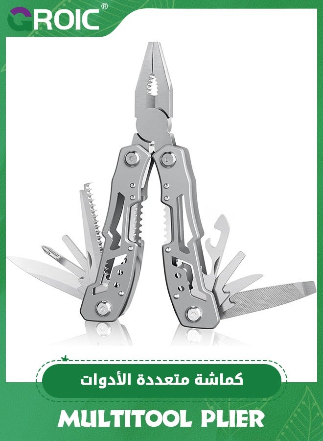 Multitool 15-in-1 Stainless Steel Multi Tool, Folding Pocket Plier with Nylon Sheath, Perfect for Outdoor, Survival, Camping, Hiking, Simple Repair, Useful Gift for Men and Women