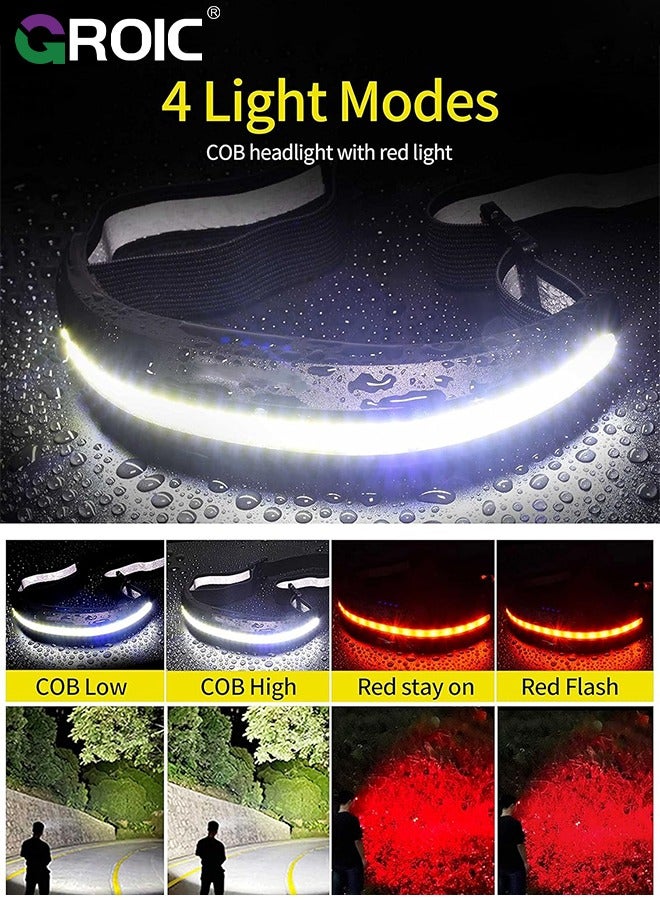 Headlamp USB Type C Rechargeable COB Bright Hard Hat Light, LED with Red Light Headlight - Head Lamps Floodlight 230° Wide Beam - Car Maintenance, Construction Work, Fishing