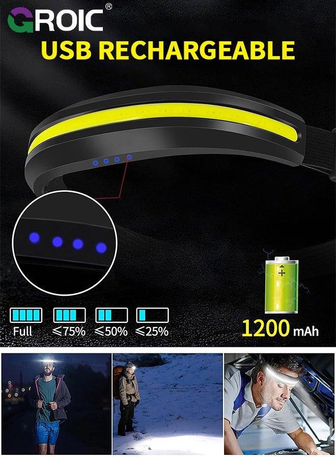 Headlamp USB Type C Rechargeable COB Bright Hard Hat Light, LED with Red Light Headlight - Head Lamps Floodlight 230° Wide Beam - Car Maintenance, Construction Work, Fishing