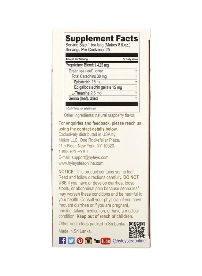 Slim Tea Raspberry Flavor 25 Foil Envelope Tea Bags 1.32 Oz