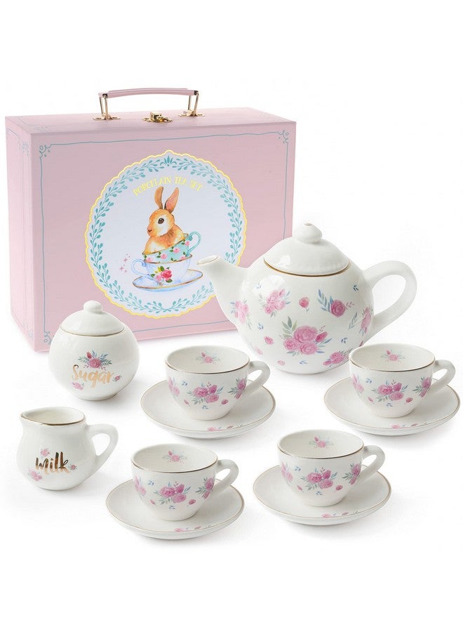 Tea Set For Little Girls 13Piece Porcelain Tea Party Set With Polka Dot Design Safe And Durable Toy Kids Tea Set With Carrying Case Ideal Gift For Kids