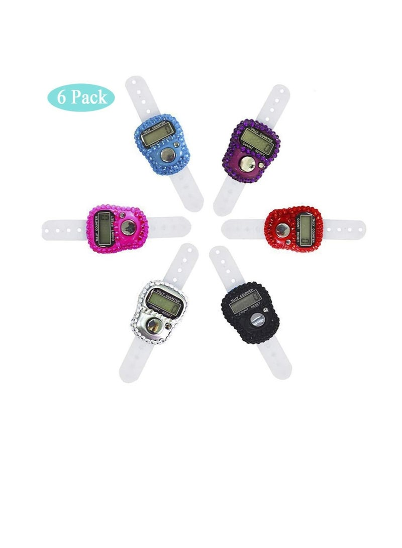 AKDC 6 Pcs Finger Counters - 5 Digital LED Electronic Finger Counter, Mechanical Manual Clicker Number Lap Tracker Tally Counter with Bling Design-Six Colors