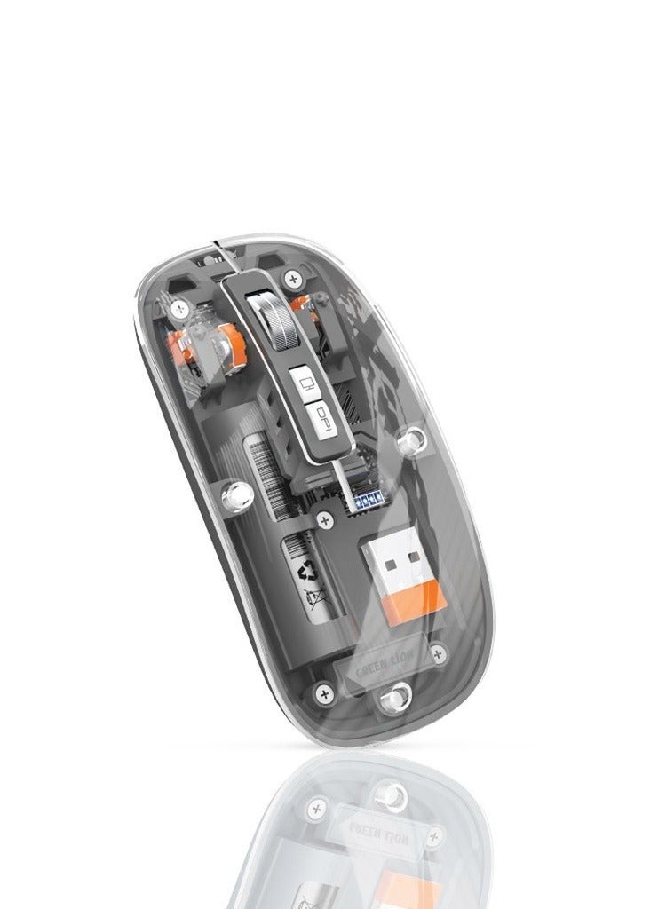 Transparent Mouse 2 1600DPI 10m Range 5 keys / Aluminum Alloy Roller / Plug & Play for Windows / Android / Mac / 500mAh Battery Capacity / Wireless+BT+Charging Mouse Connection - Grey