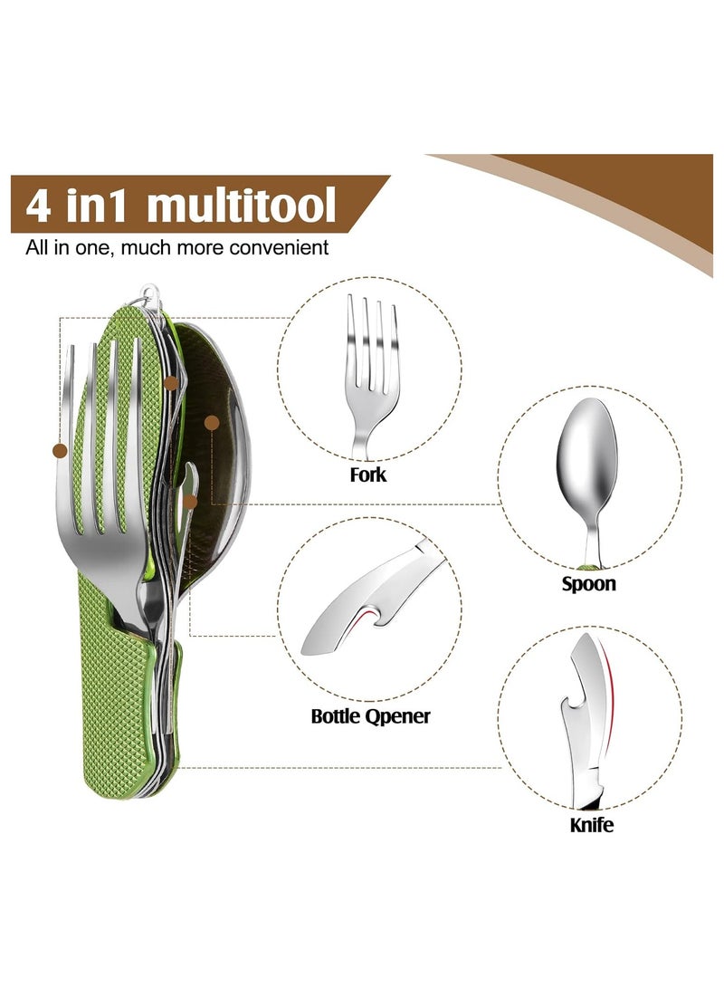 4-in-1 Camping Utensils, 2 Pack Portable Stainless Steel Spoon, Fork, Knife & Bottle Opener Combo Set, for Travel, Backpacking Cutlery Multitool, Folding Knife and Fork Spoon Combination (Green)