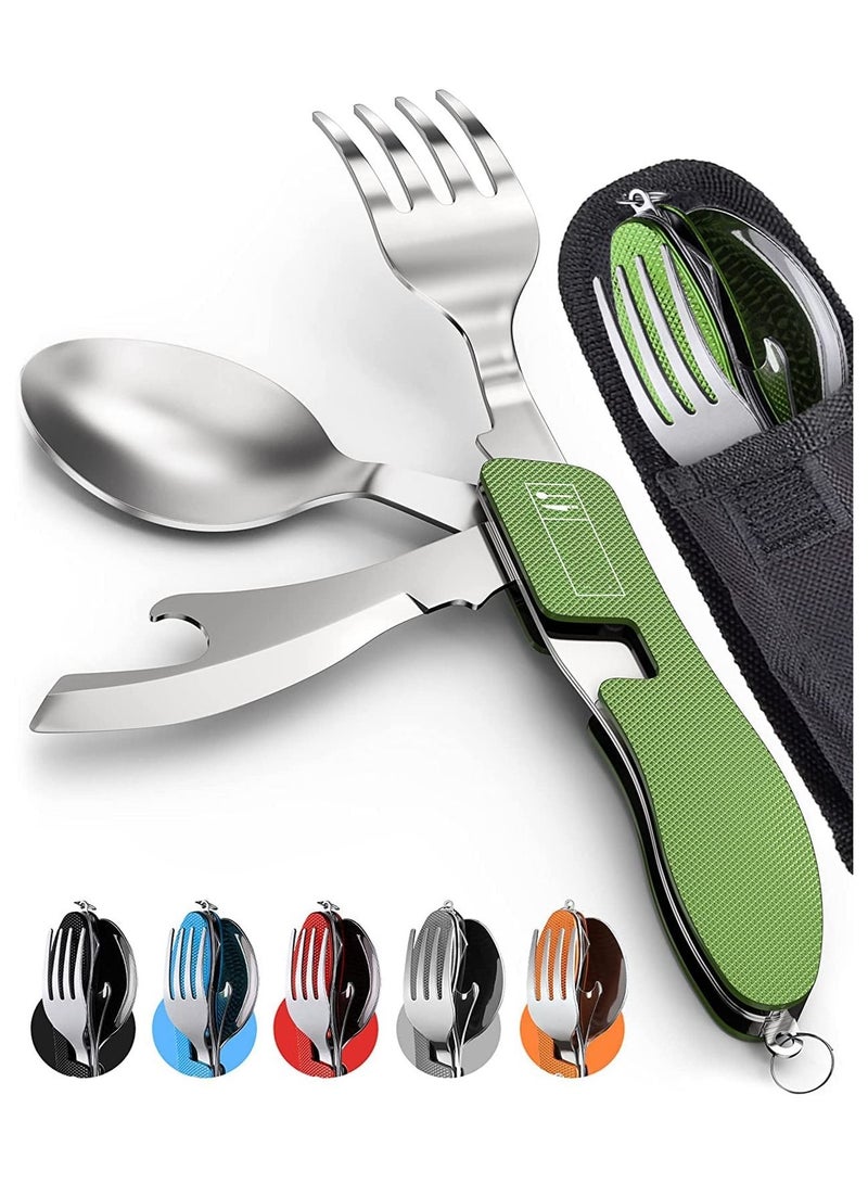 4-in-1 Camping Utensils, 2 Pack Portable Stainless Steel Spoon, Fork, Knife & Bottle Opener Combo Set, for Travel, Backpacking Cutlery Multitool, Folding Knife and Fork Spoon Combination (Green)