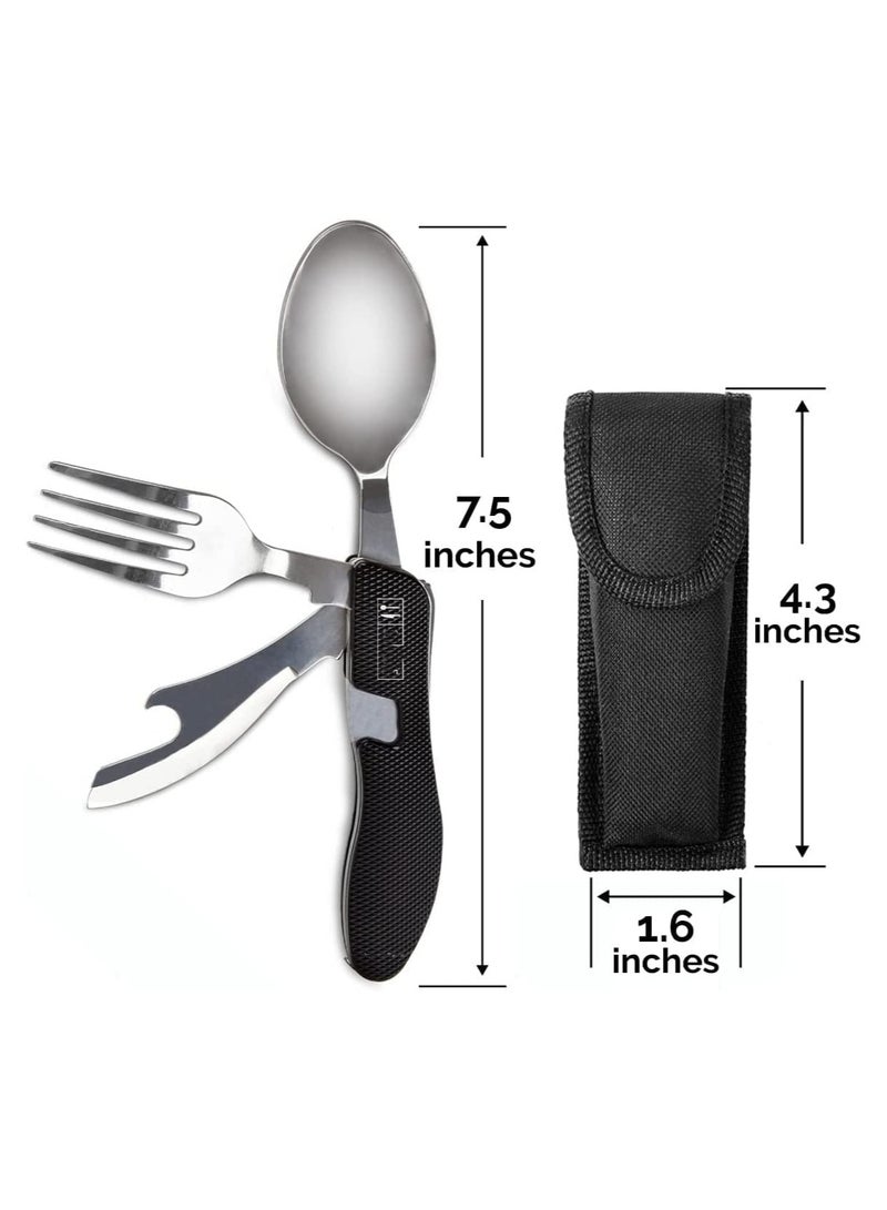 4-in-1 Camping Utensils, 2 Pack Portable Stainless Steel Spoon, Fork, Knife & Bottle Opener Combo Set, for Travel, Backpacking Cutlery Multitool, Folding Knife and Fork Spoon Combination (Green)