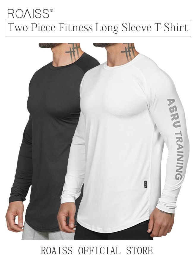 2 Pack Men's Letter Printing Quick-dry Fitness Exercise Leisure Long Sleeve T-shirt Gym Running Training Stretch Tights