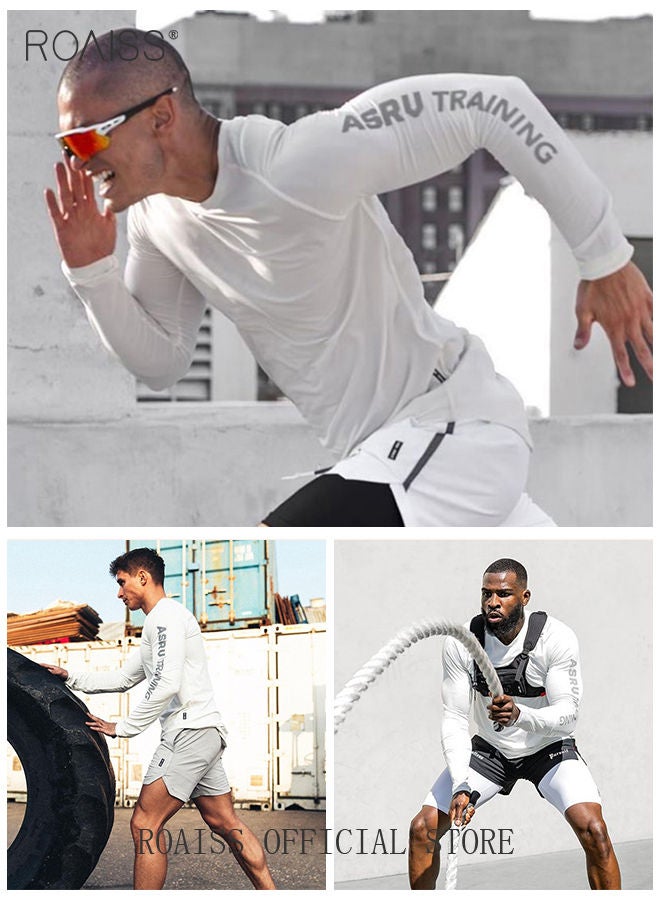 2 Pack Men's Letter Printing Quick-dry Fitness Exercise Leisure Long Sleeve T-shirt Gym Running Training Stretch Tights
