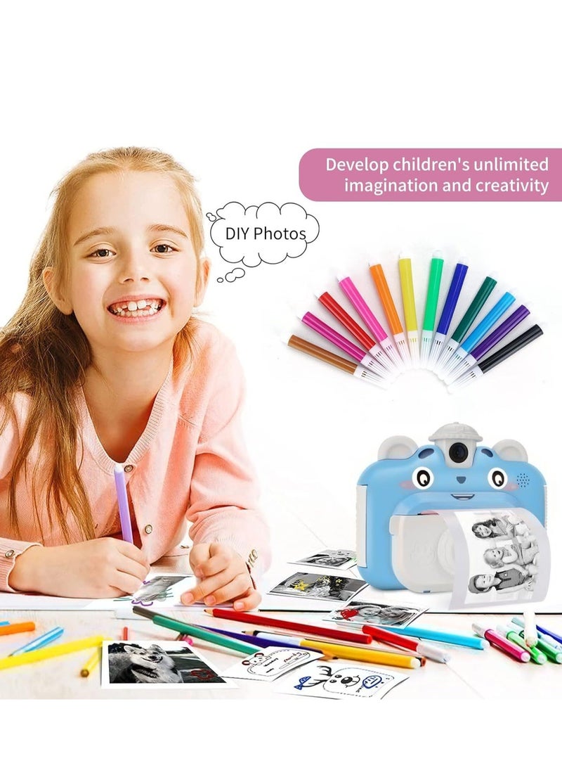 Instant Print Digital Kids Camera, Selfie 1080P Video Camera for Kid with 180° Rotating Len,32GB TF Card, Print Paper, Color Pens Set, Rechargeable Toy Camera