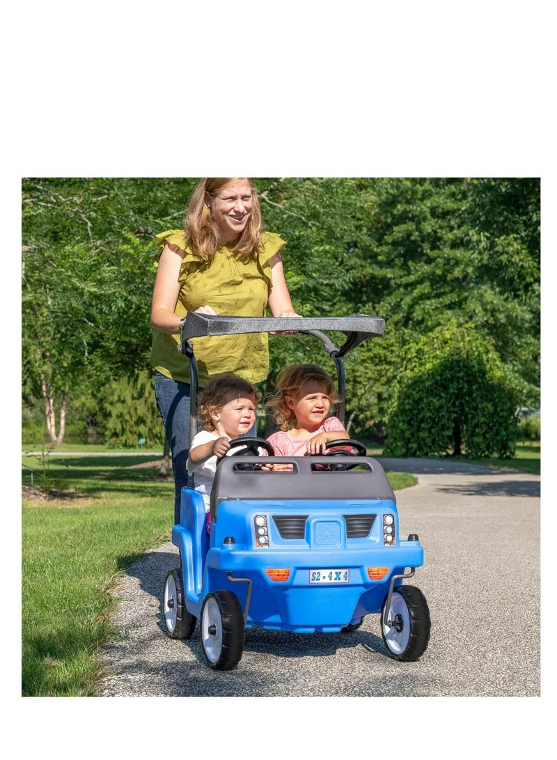 Side-By-Side SUV, Dual Seater Kids Push Car with Canopy, Easy to Store Ride On Toy with Seatbelt, Horn and Under Seat Storage, Suitable for Children both Boys and Girls Aged 18m and Above, Blue