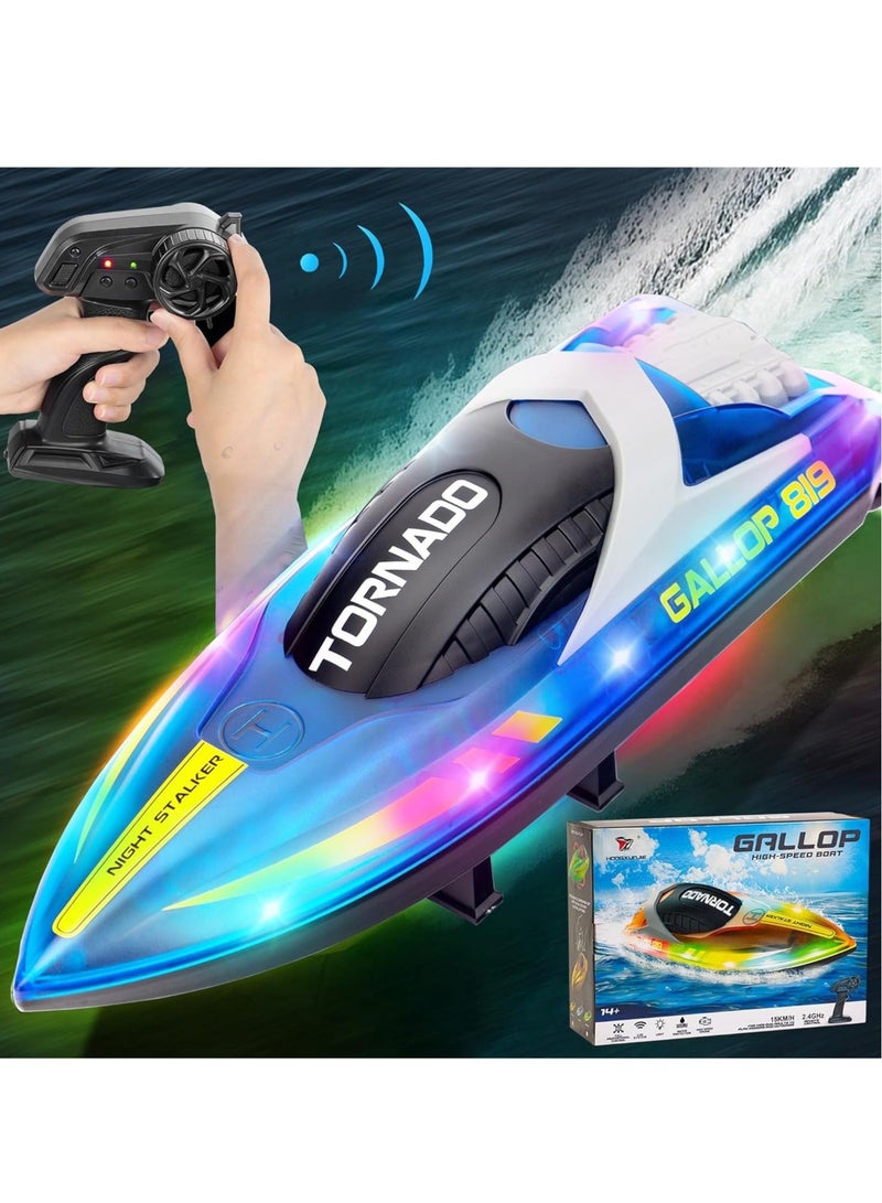 HJ819 RC Boat for Kids 8-16, 15+ MPH Fast Remote Control Boat with LED Lights, 2.4G RC Electric Boats Pool and Lakes Toys for Adults